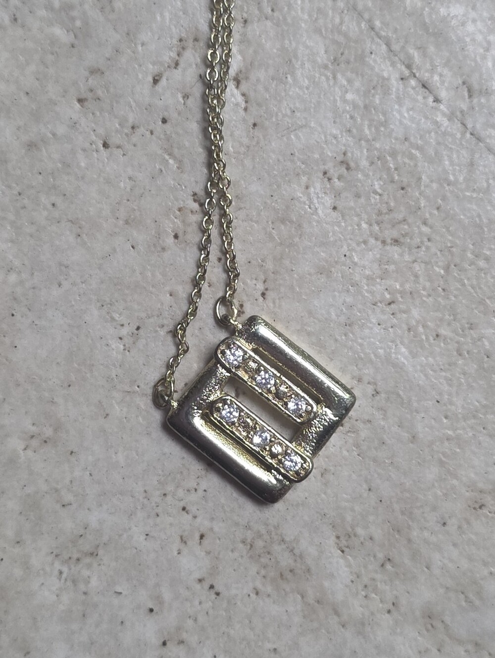 Gold-tone Pendant Necklace W Geometric Square Frame & two Crystal Accented Bars